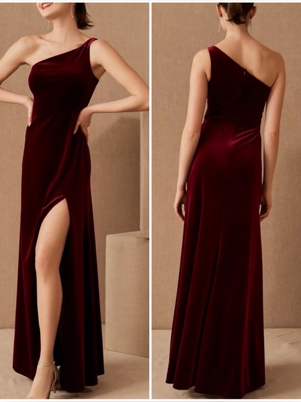NWT Jenny Yoo One-Shoulder Cybill Velvet Burgundy Maxi Dress Gown Size 8 BHLDN